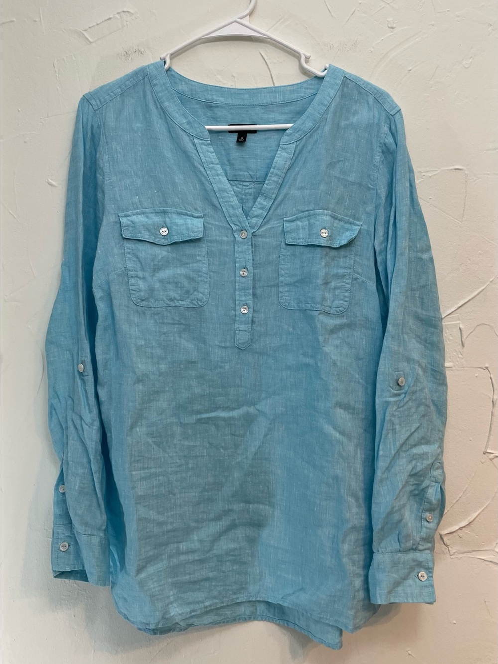 Talbots Linen Popover Camp Shirt in Aqua - Casual Coastal Resortwear - Medium - Picture 2 of 7